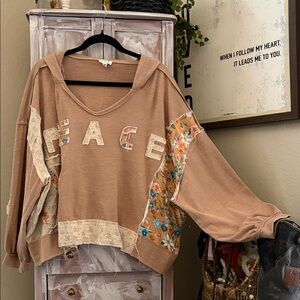 POL Tan Patchwork Hoodie Sweatshirt